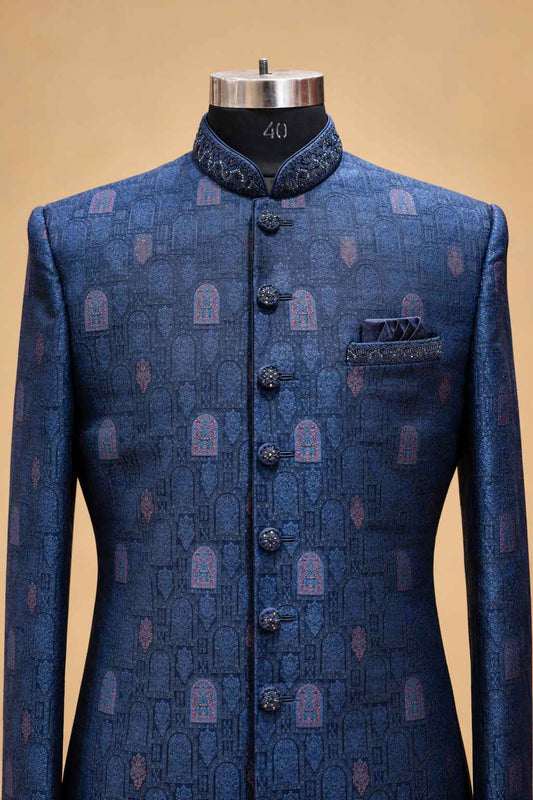 Navy Blue Textured Sherwani with Ivory Dhoti for Men – product image 2