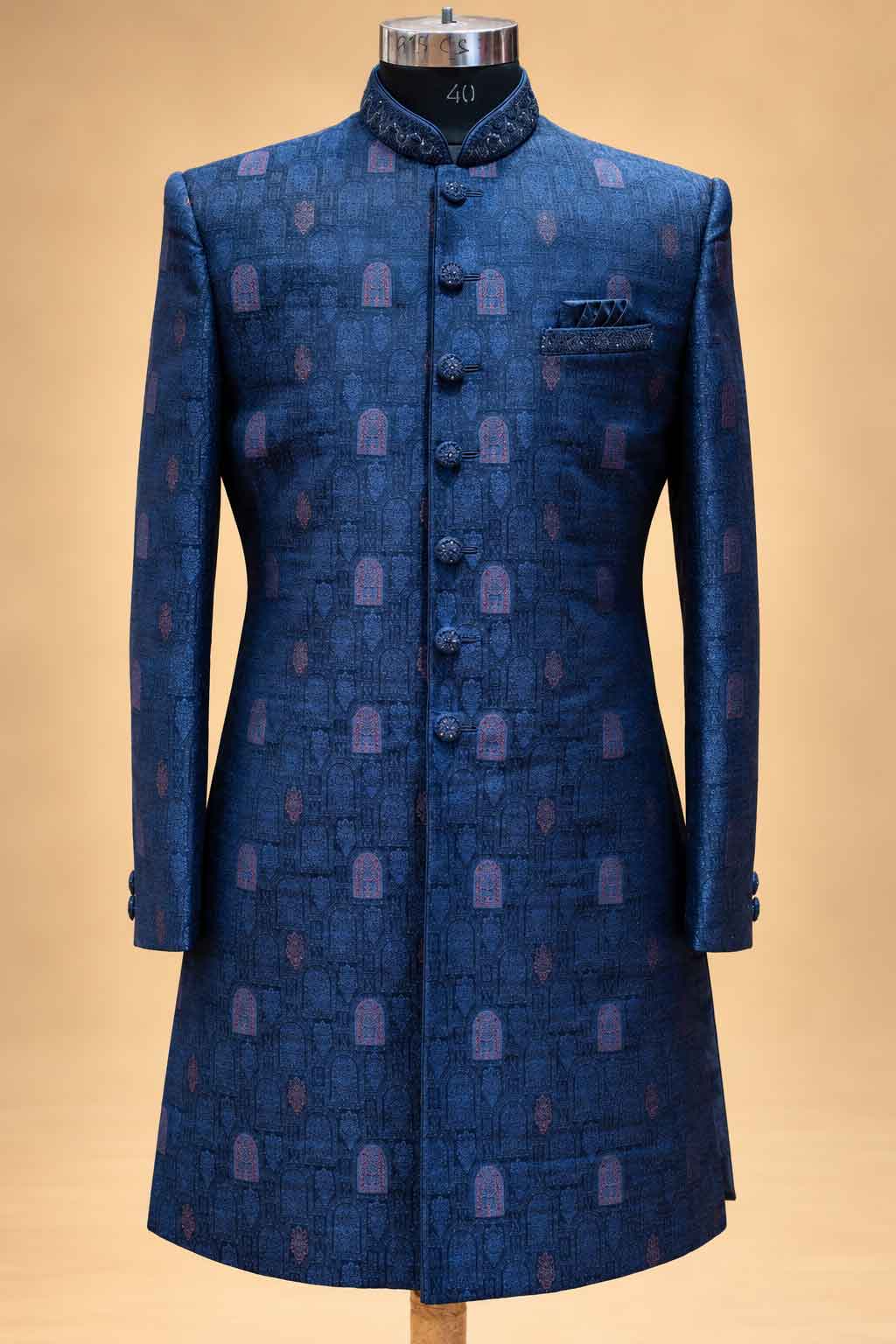 Navy Blue Textured Sherwani with Ivory Dhoti for Men – product image 3