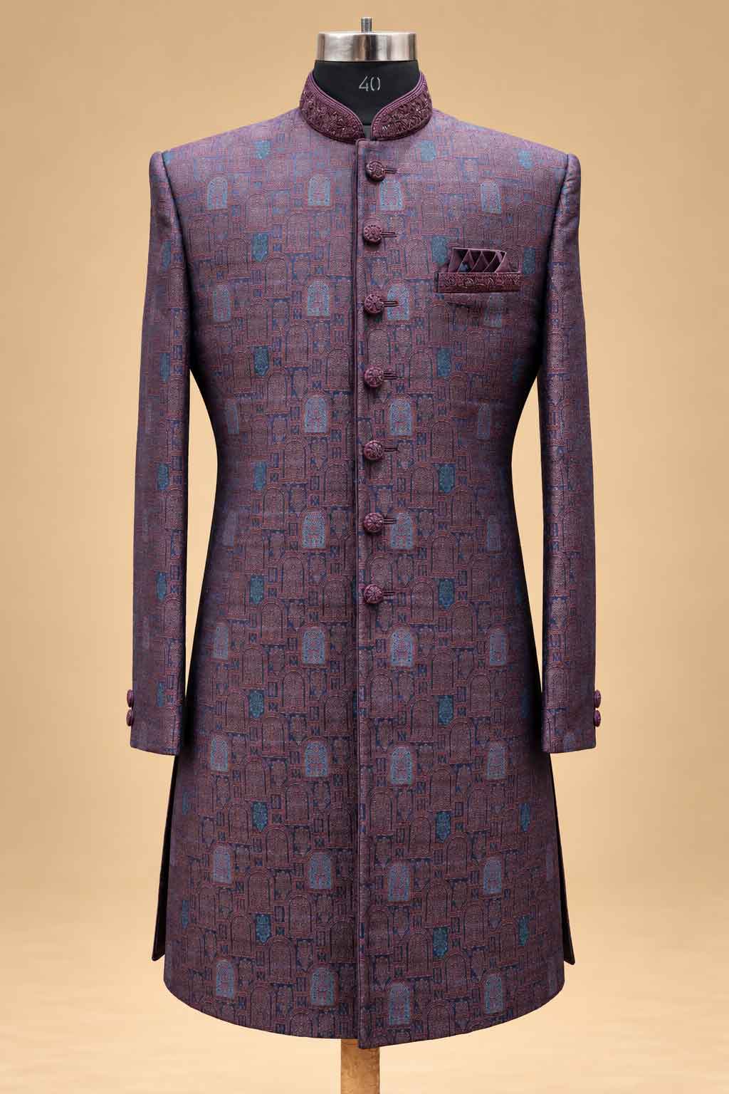 Plum Textured Sherwani with Ivory Dhoti for Men – product image 2