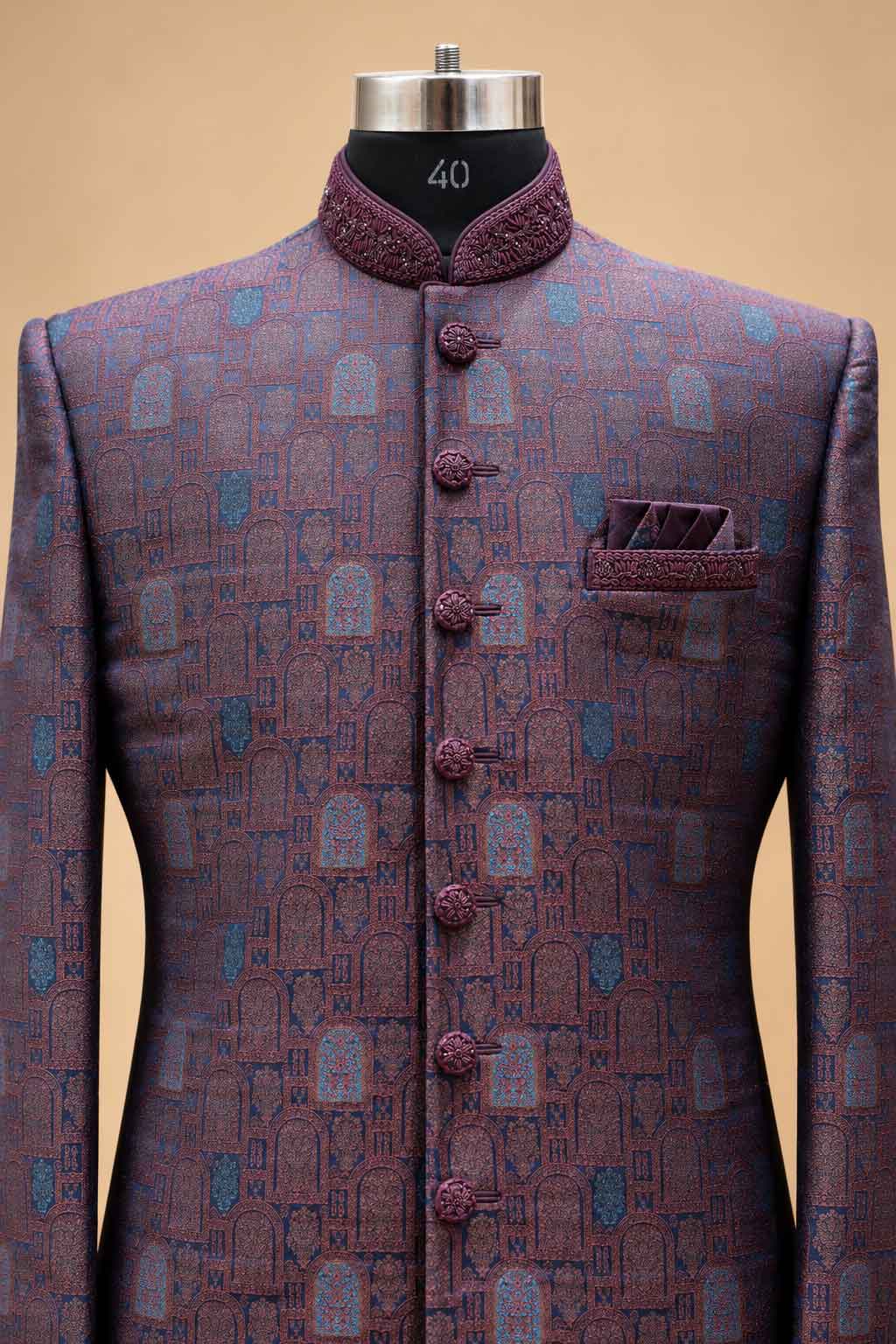 Plum Textured Sherwani with Ivory Dhoti for Men – product image 3