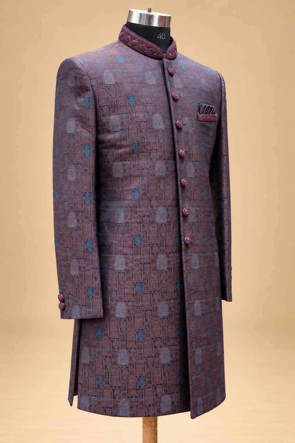 Plum Textured Sherwani with Ivory Dhoti for Men – product image 4