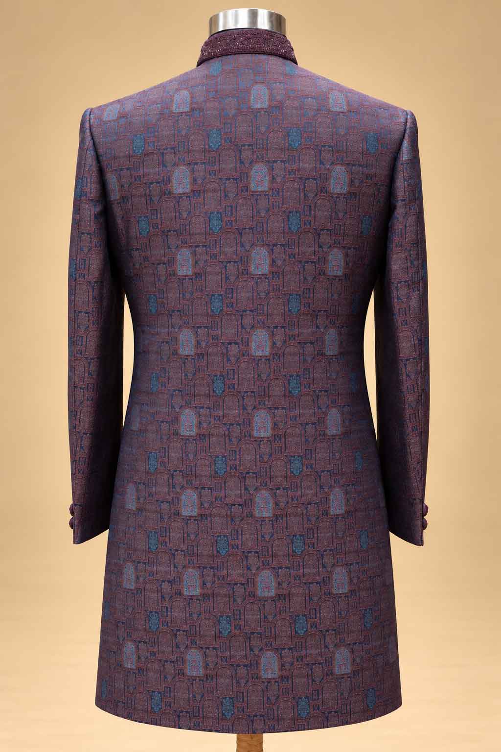Plum Textured Sherwani with Ivory Dhoti for Men – product image 5
