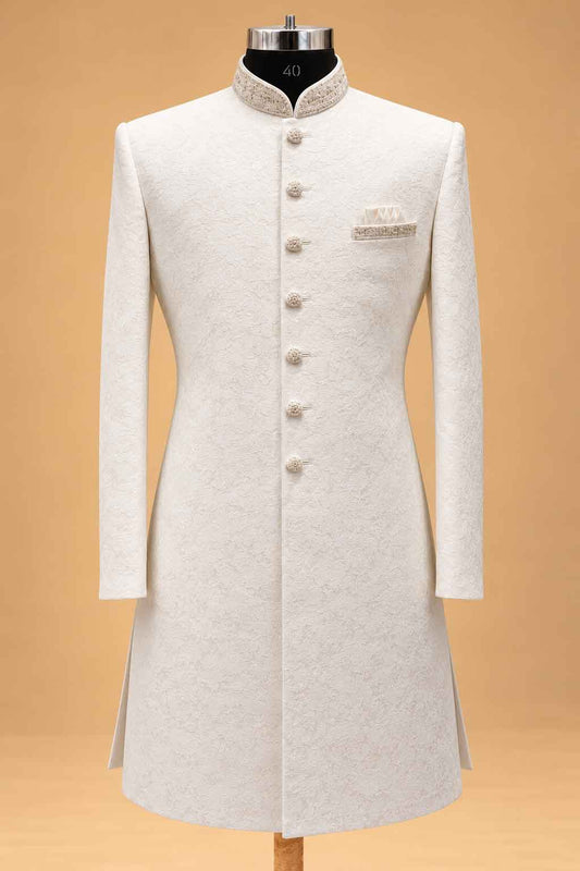 Ivory Textured Sherwani for Men with Trousers – product image 2