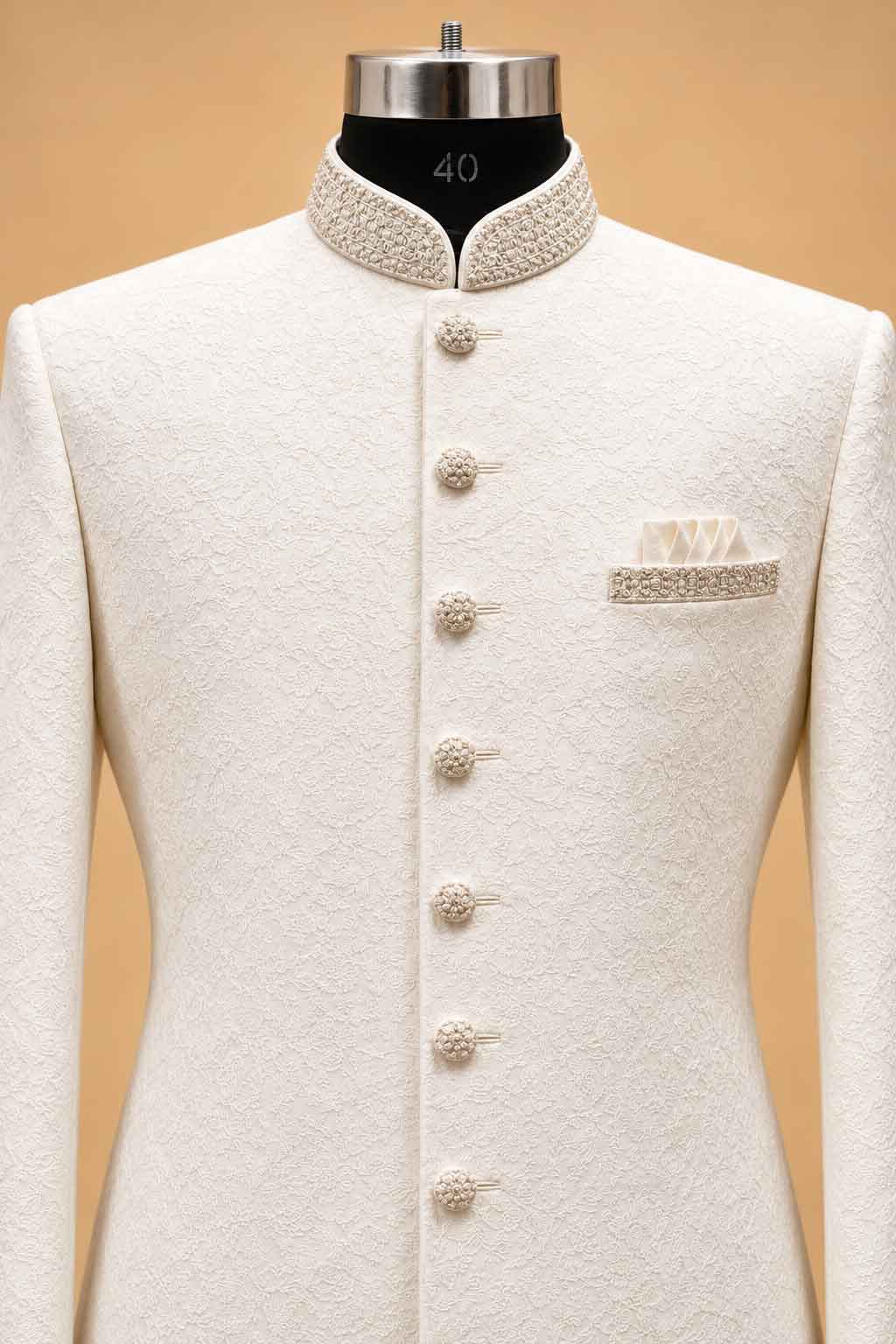 Ivory Textured Sherwani for Men with Trousers – product image 3