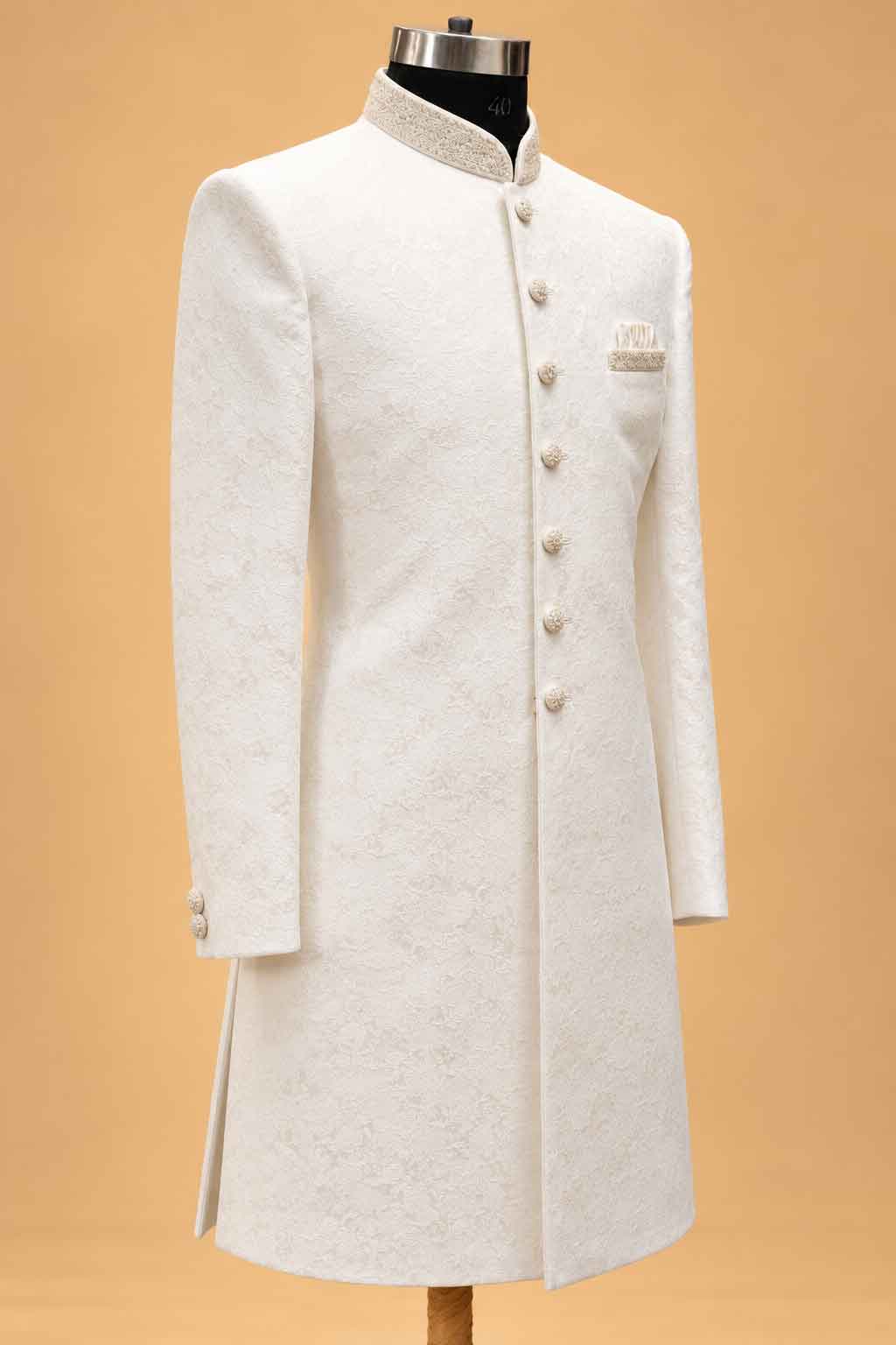 Ivory Textured Sherwani for Men with Trousers – product image 5