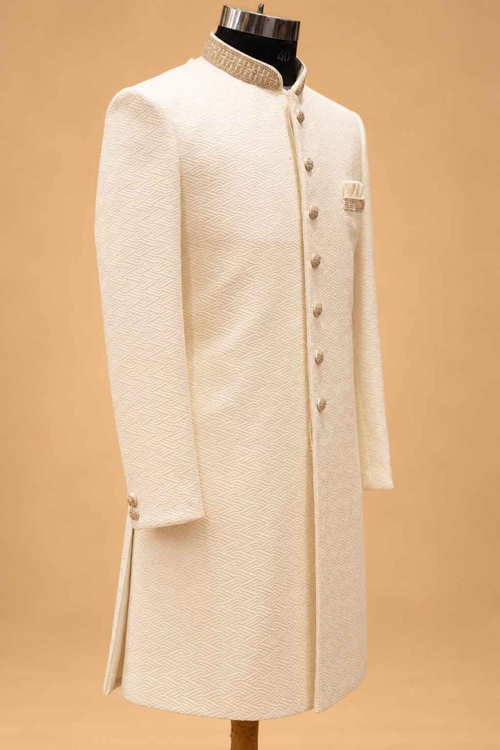 Ivory Textured Sherwani for Men with Trousers – product image 3
