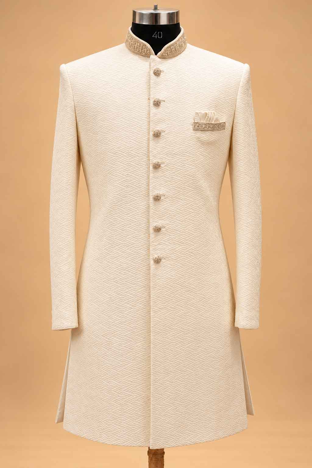 Ivory Textured Sherwani for Men with Trousers – product image 4