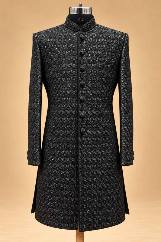 Black Textured Sherwani with Dhoti for Men – product image 2