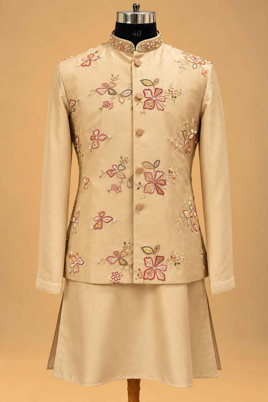 Beige nehru jacket set for men – product view 4
