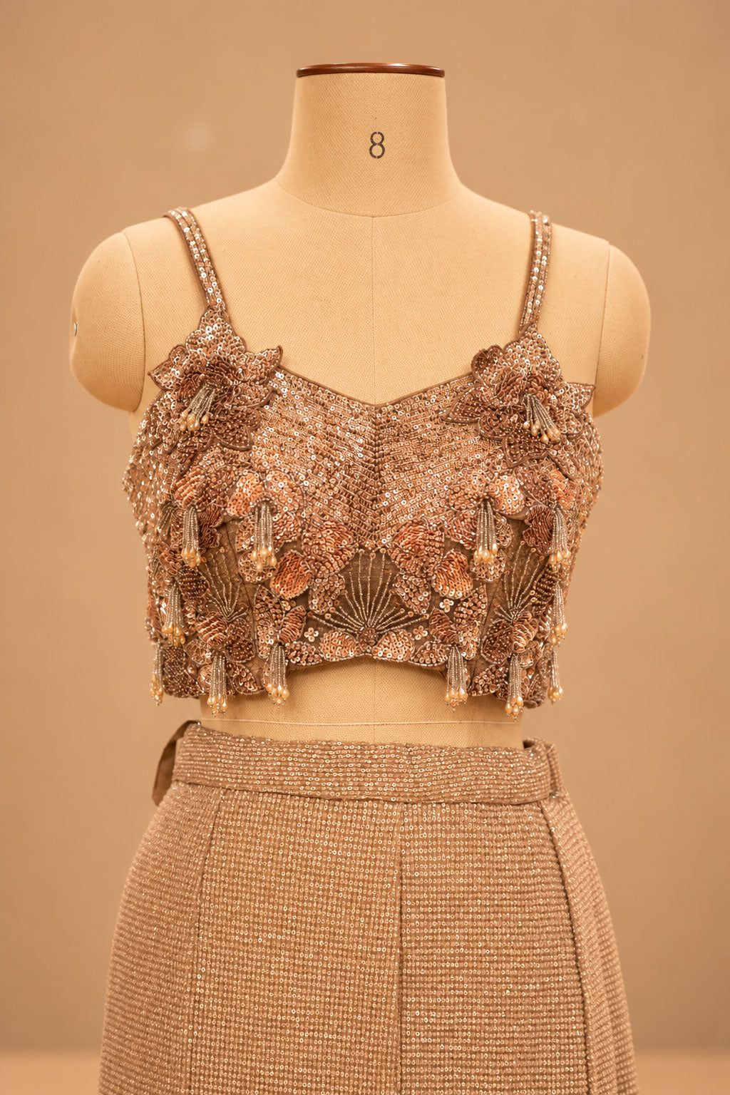 Premium Champagne Gold Sequin Embellished Mermaid Lehenga with 3D Floral Blouse and Sheer Cape – product image 2