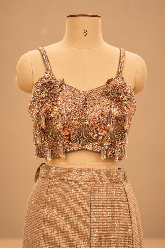 Premium Champagne Gold Sequin Embellished Mermaid Lehenga with 3D Floral Blouse and Sheer Cape – product image 2