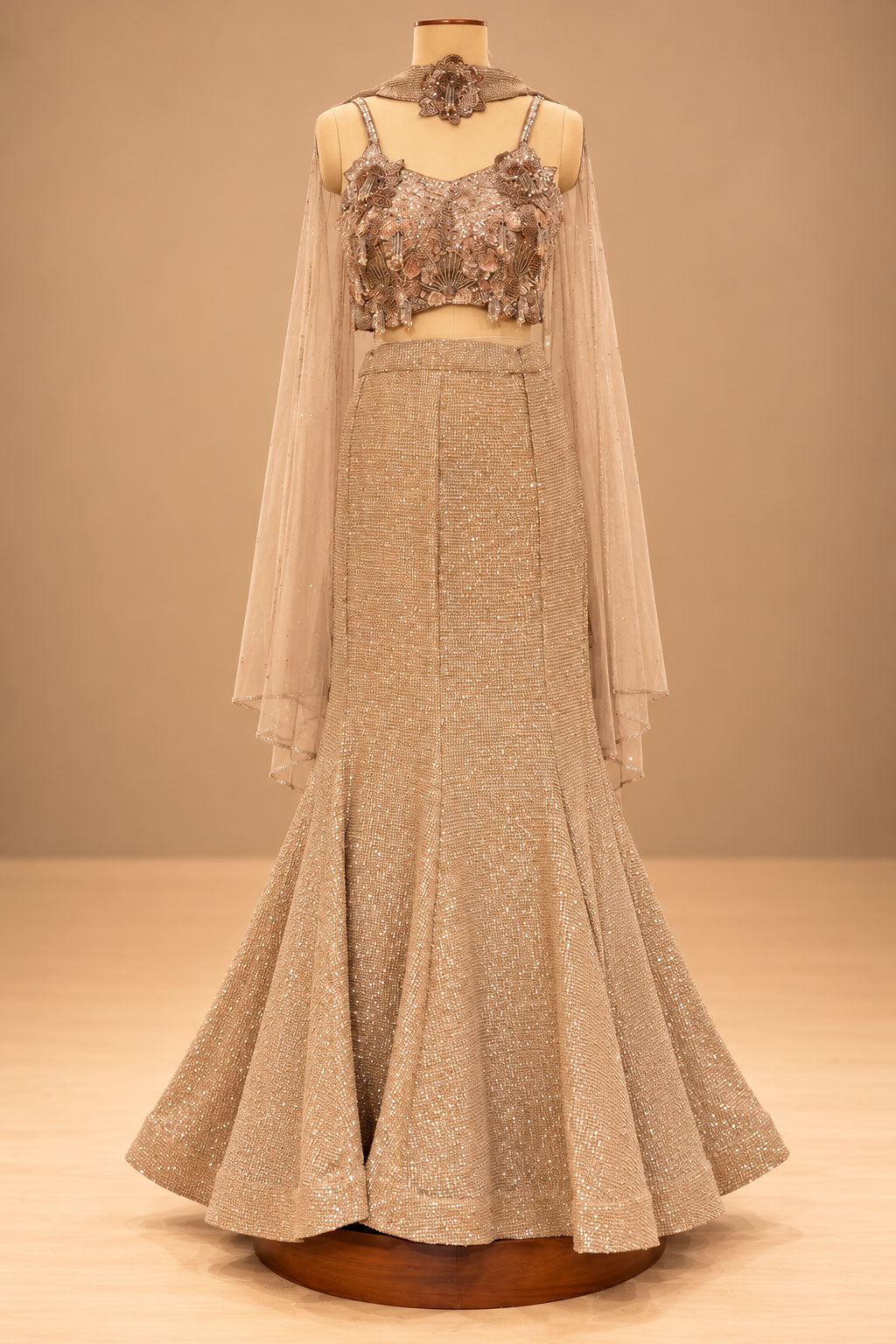 Premium Champagne Gold Sequin Embellished Mermaid Lehenga with 3D Floral Blouse and Sheer Cape – product image 3