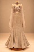 Premium Champagne Gold Sequin Embellished Mermaid Lehenga with 3D Floral Blouse and Sheer Cape – product image 3