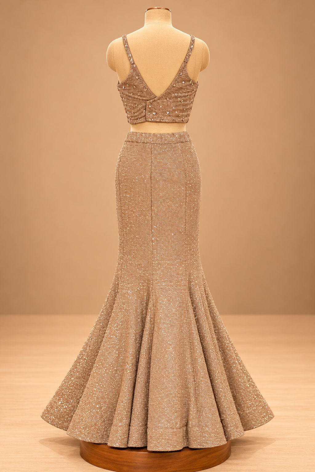 Premium Champagne Gold Sequin Embellished Mermaid Lehenga with 3D Floral Blouse and Sheer Cape – product image 4
