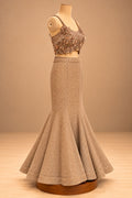 Premium Champagne Gold Sequin Embellished Mermaid Lehenga with 3D Floral Blouse and Sheer Cape – product image 5