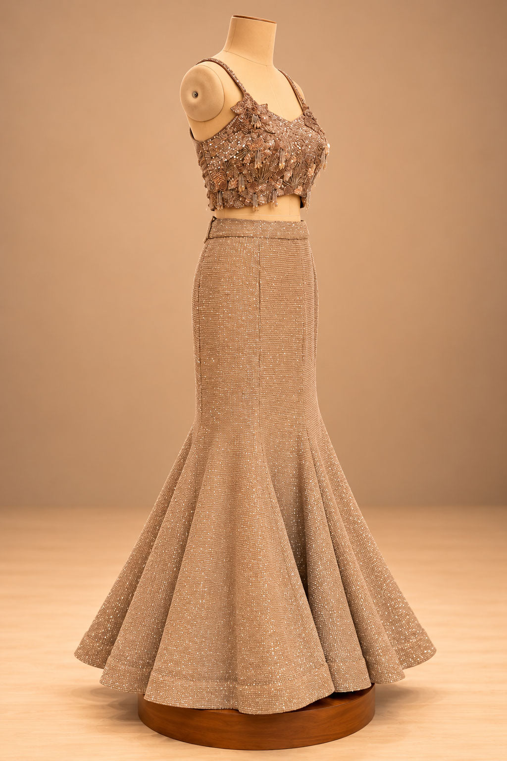 Premium Champagne Gold Sequin Embellished Mermaid Lehenga with 3D Floral Blouse and Sheer Cape – product image 5