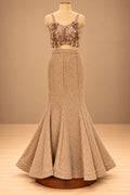 Premium Champagne Gold Sequin Embellished Mermaid Lehenga with 3D Floral Blouse and Sheer Cape – product image 6