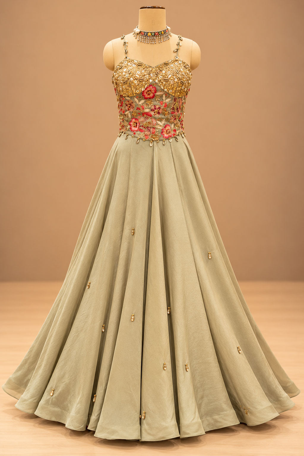 Premium Sage Green Floral Embroidered Gown with Gold Embellishments and Flowing Cape – product image 3