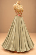 Premium Sage Green Floral Embroidered Gown with Gold Embellishments and Flowing Cape – product image 4
