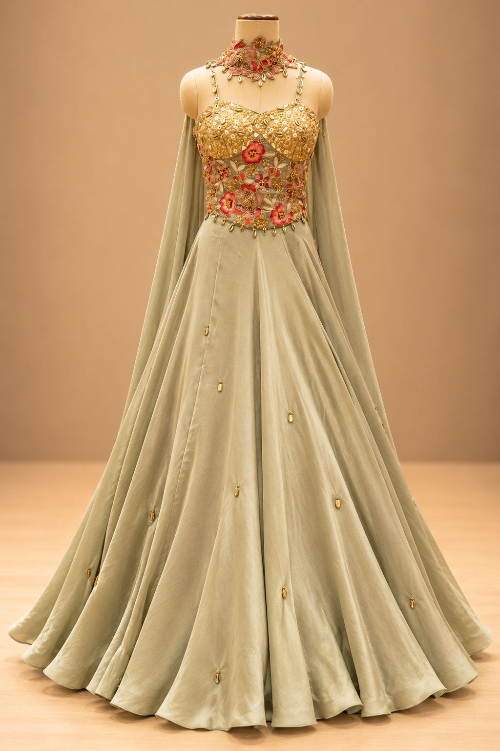 Premium Sage Green Floral Embroidered Gown with Gold Embellishments and Flowing Cape – product image 5