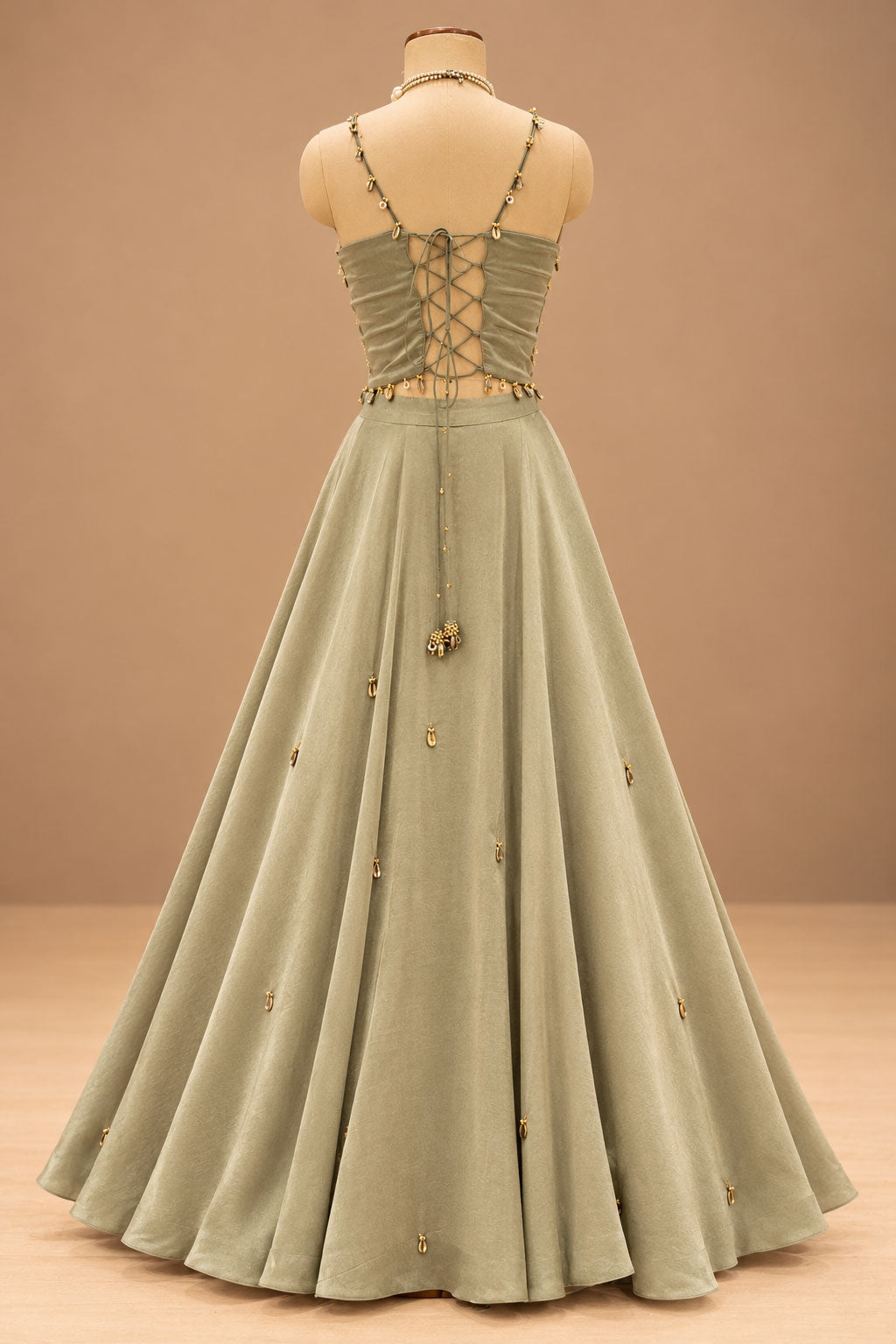 Premium Sage Green Floral Embroidered Gown with Gold Embellishments and Flowing Cape – product image 6