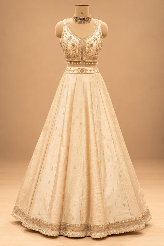 Premium Ivory Gold Embroidered Lehenga Choli with Designer Draped Dupatta for Women – product image 2