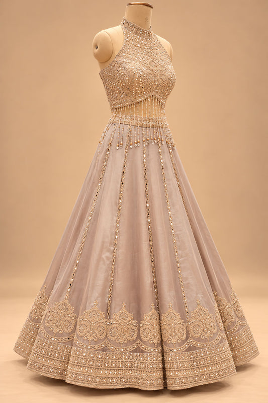 Premium Taupe Beige Embroidered Lehenga Choli with Mirror Work and Dupatta for Women – product image 2