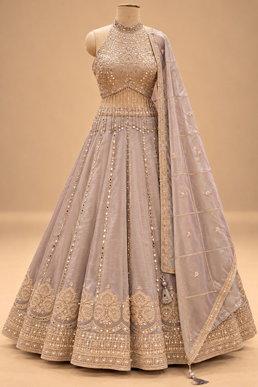 Premium Taupe Beige Embroidered Lehenga Choli with Mirror Work and Dupatta for Women – product image 6