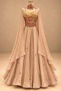 Premium Blush Peach Designer Gown with Gold Floral Embroidery and Sheer Cape – product image 2