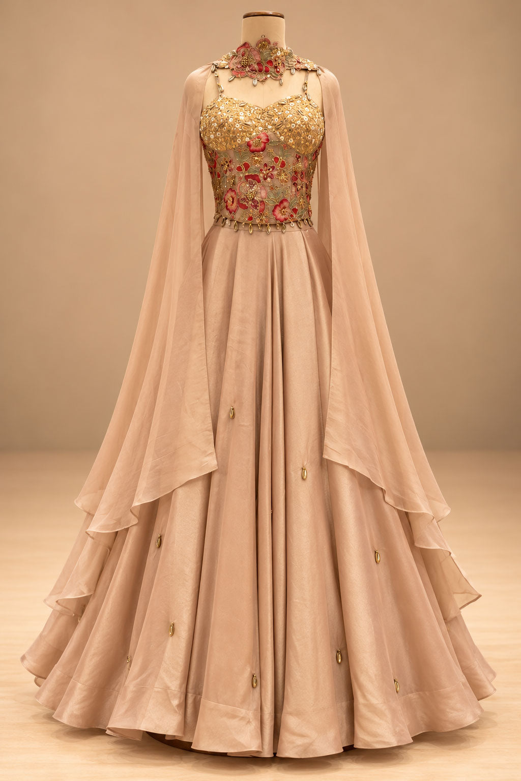 Premium Blush Peach Designer Gown with Gold Floral Embroidery and Sheer Cape – product image 2