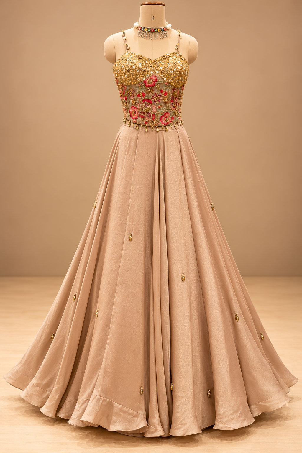 Premium Blush Peach Designer Gown with Gold Floral Embroidery and Sheer Cape – product image 3