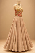 Premium Blush Peach Designer Gown with Gold Floral Embroidery and Sheer Cape – product image 4