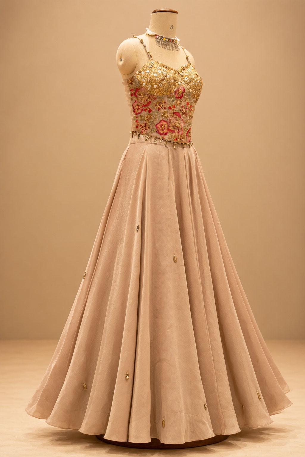 Premium Blush Peach Designer Gown with Gold Floral Embroidery and Sheer Cape – product image 4