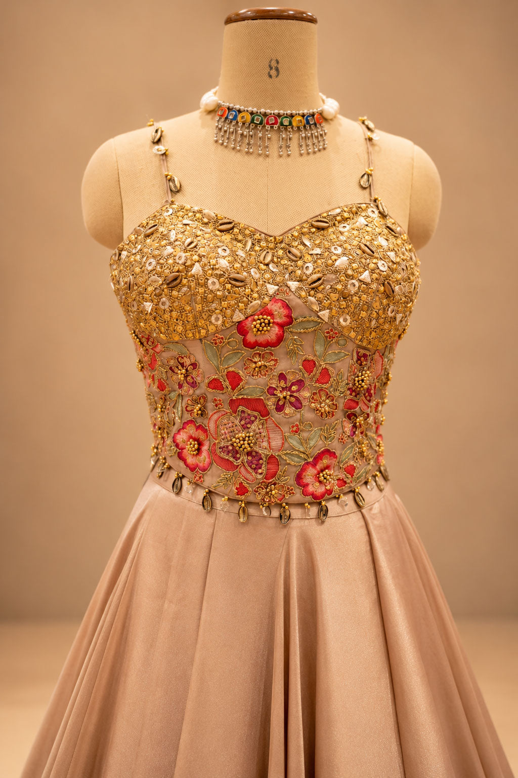 Premium Blush Peach Designer Gown with Gold Floral Embroidery and Sheer Cape – product image 5