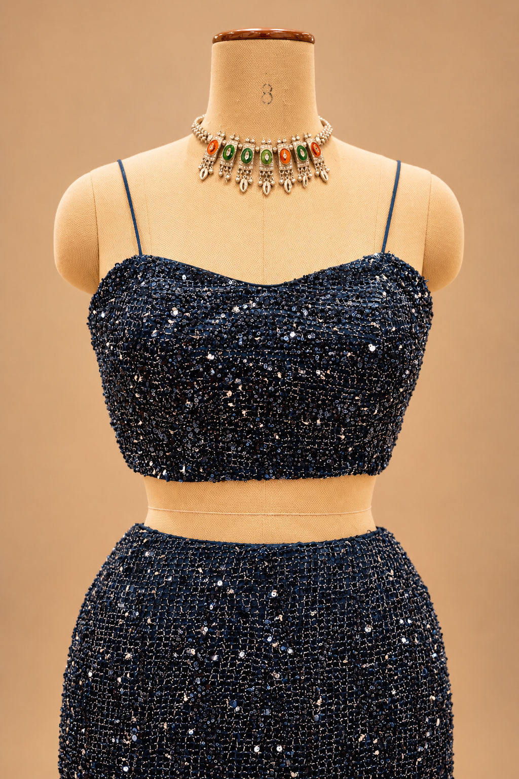 Premium Midnight Navy Blue Sequin Embellished Mermaid Lehenga with Sheer Cape for Women – product image 2