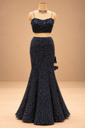 Premium Midnight Navy Blue Sequin Embellished Mermaid Lehenga with Sheer Cape for Women – product image 3