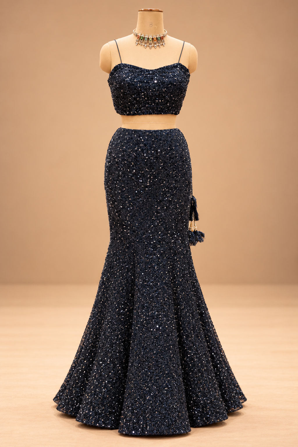 Premium Midnight Navy Blue Sequin Embellished Mermaid Lehenga with Sheer Cape for Women – product image 3