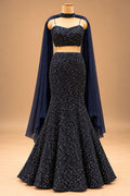 Premium Midnight Navy Blue Sequin Embellished Mermaid Lehenga with Sheer Cape for Women – product image 4