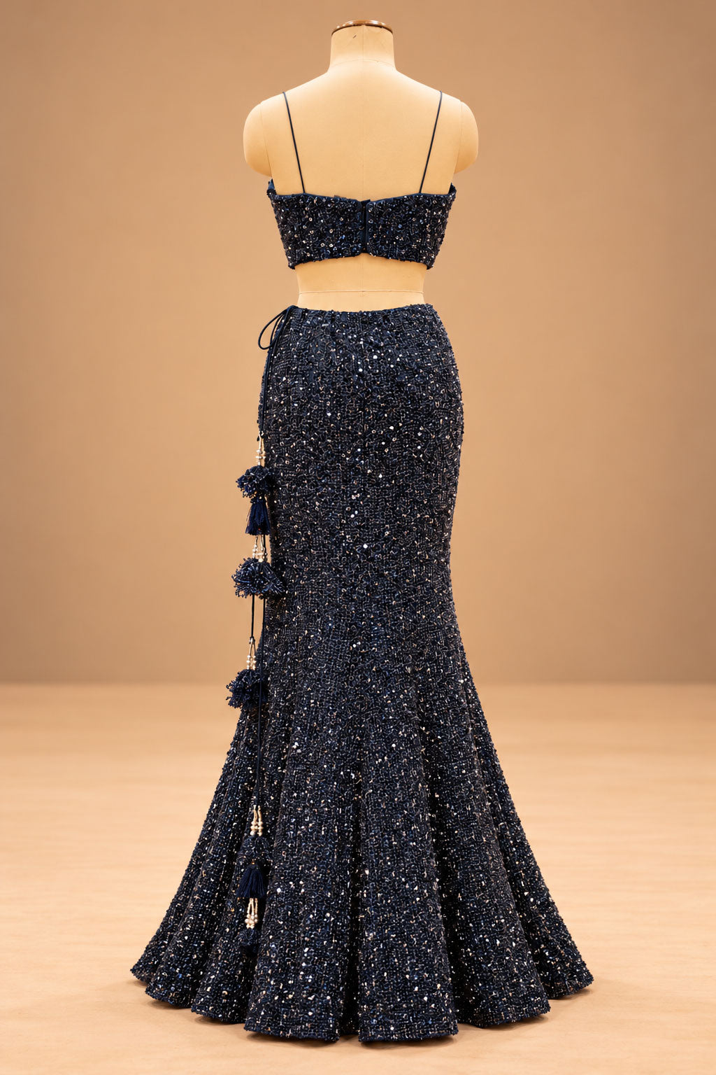 Premium Midnight Navy Blue Sequin Embellished Mermaid Lehenga with Sheer Cape for Women – product image 5