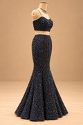 Premium Midnight Navy Blue Sequin Embellished Mermaid Lehenga with Sheer Cape for Women – product image 6