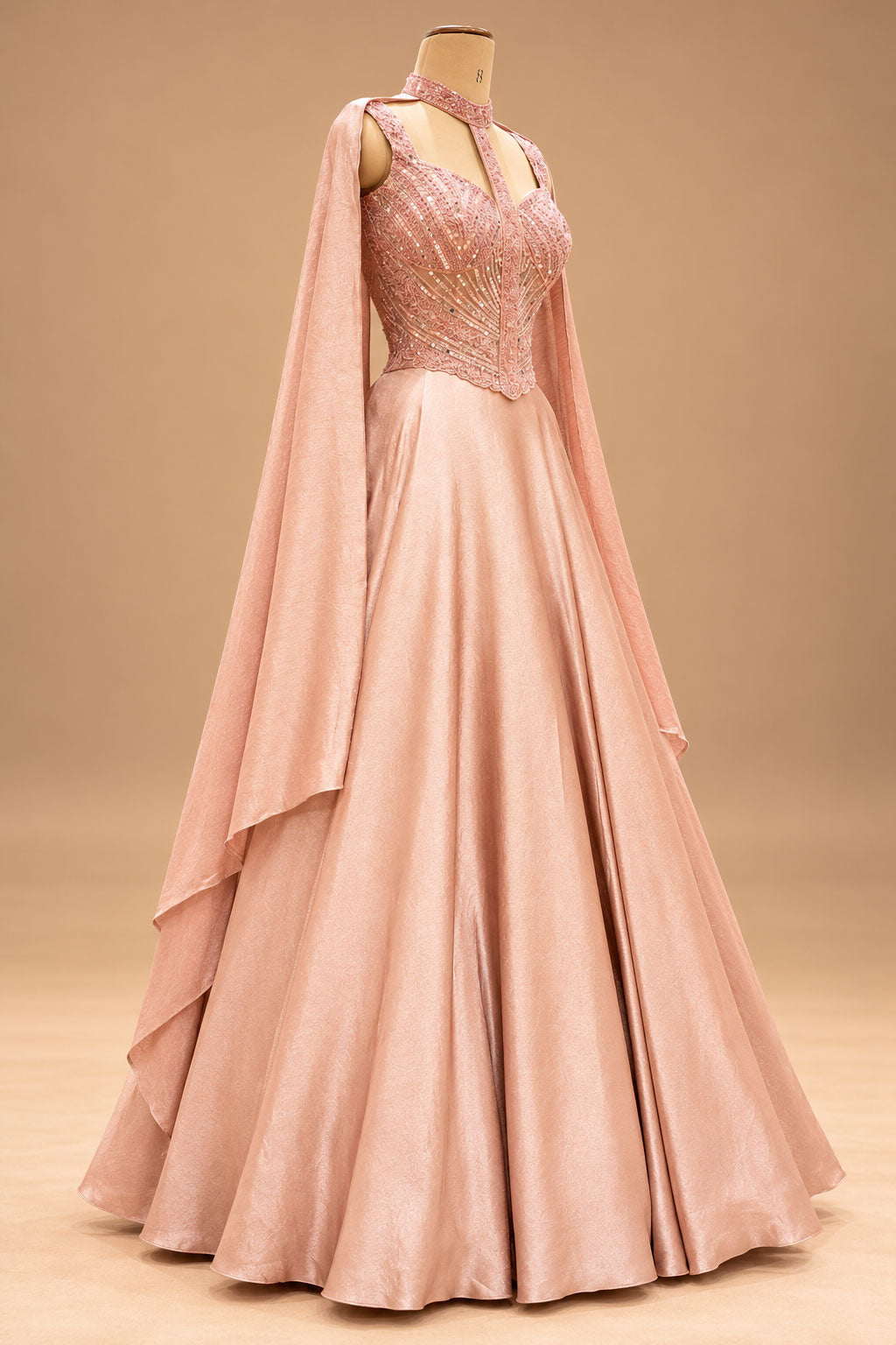 Premium Blush Pink Embellished Flared Gown with Draped Cape Sleeves for Women – product image 2
