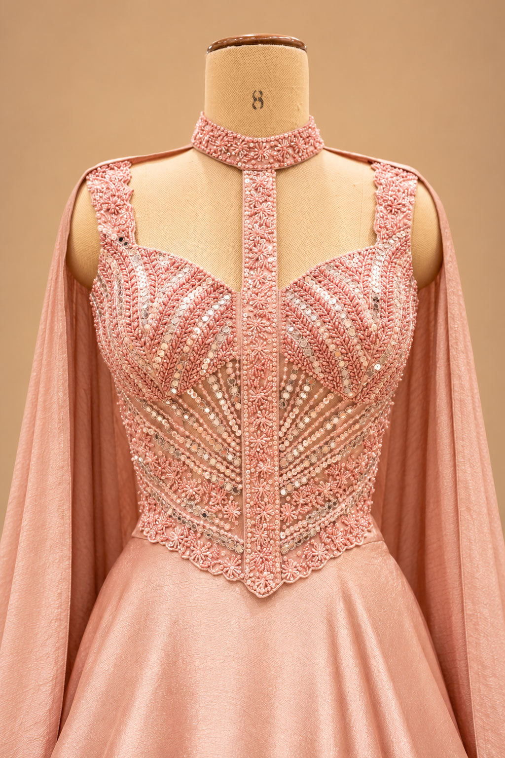 Premium Blush Pink Embellished Flared Gown with Draped Cape Sleeves for Women – product image 3