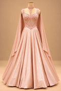 Premium Blush Pink Embellished Flared Gown with Draped Cape Sleeves for Women – product image 4