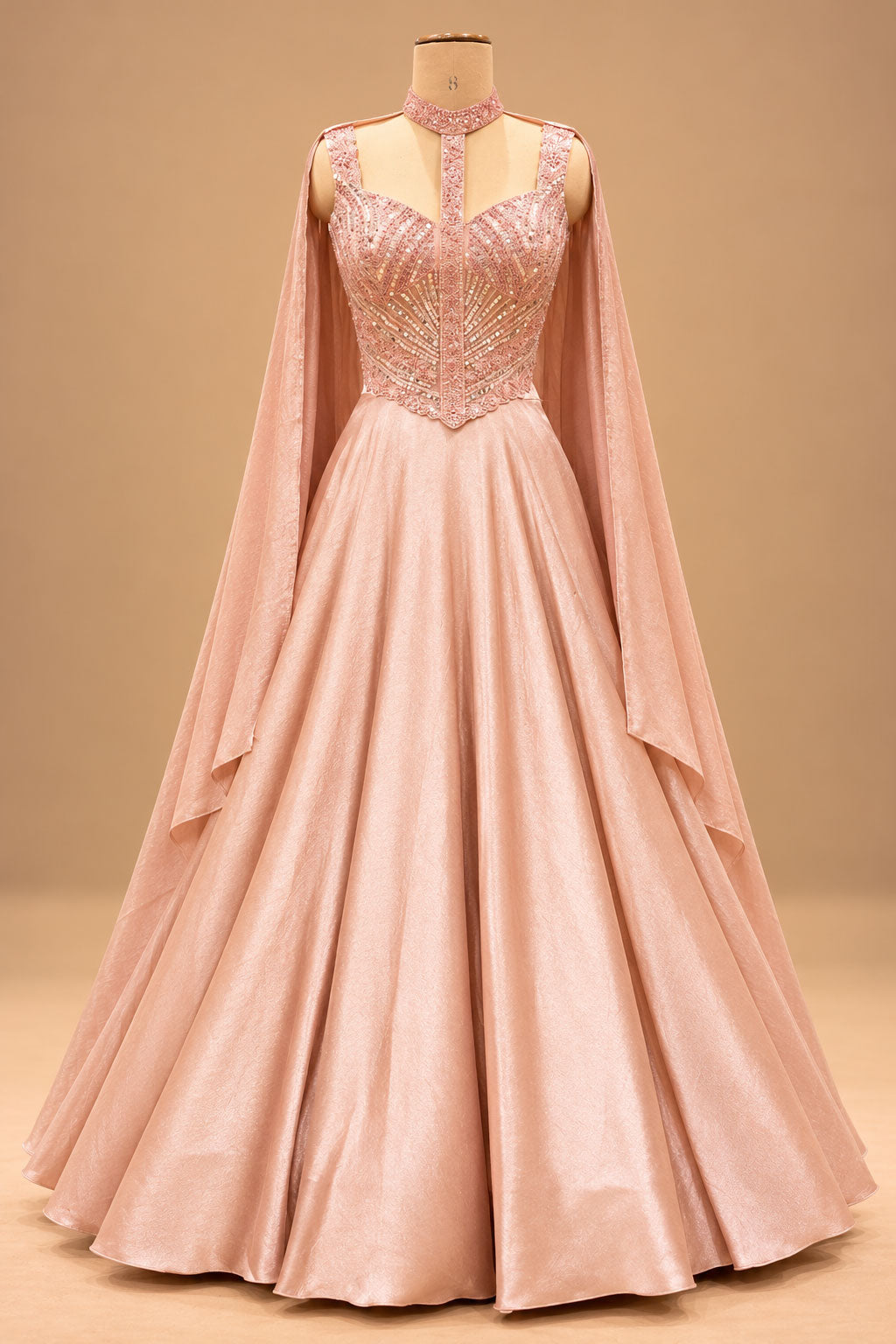 Premium Blush Pink Embellished Flared Gown with Draped Cape Sleeves for Women – product image 4