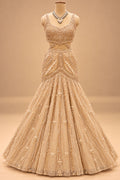 Premium Champagne Gold Embroidered Lehenga with Sheer Cape Sleeves for Women – product image 2