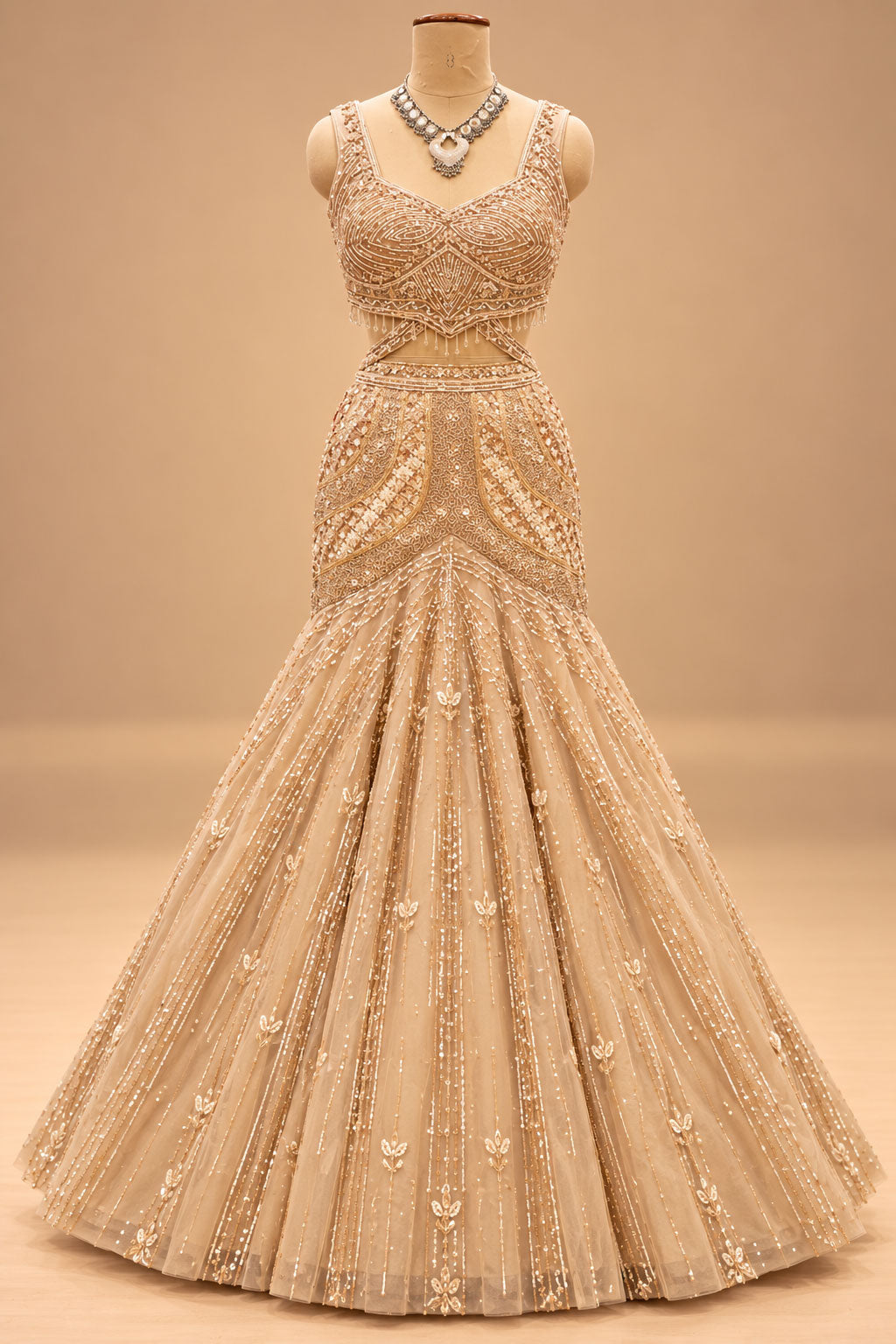Premium Champagne Gold Embroidered Lehenga with Sheer Cape Sleeves for Women – product image 2