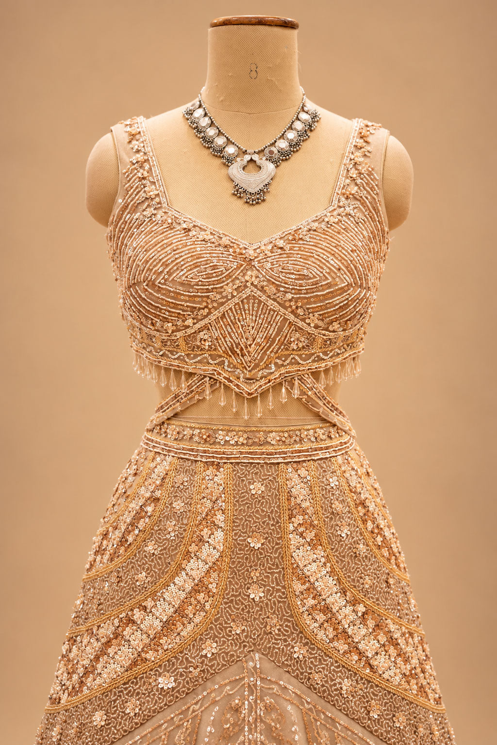 Premium Champagne Gold Embroidered Lehenga with Sheer Cape Sleeves for Women – product image 3