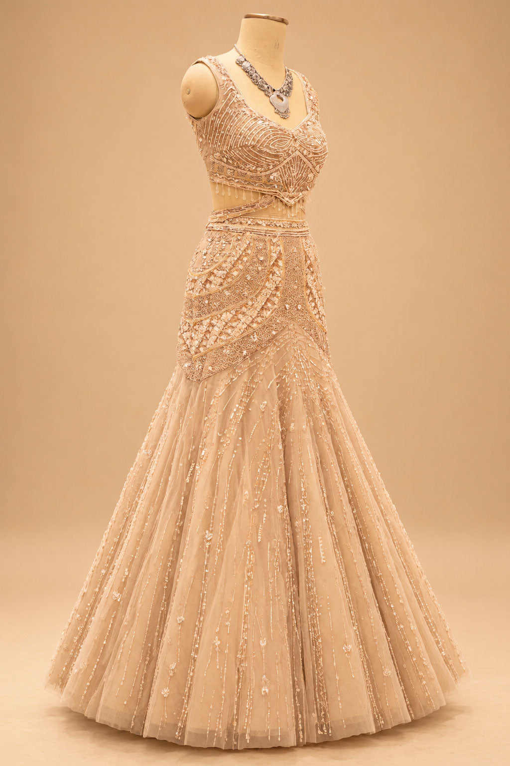 Premium Champagne Gold Embroidered Lehenga with Sheer Cape Sleeves for Women – product image 4