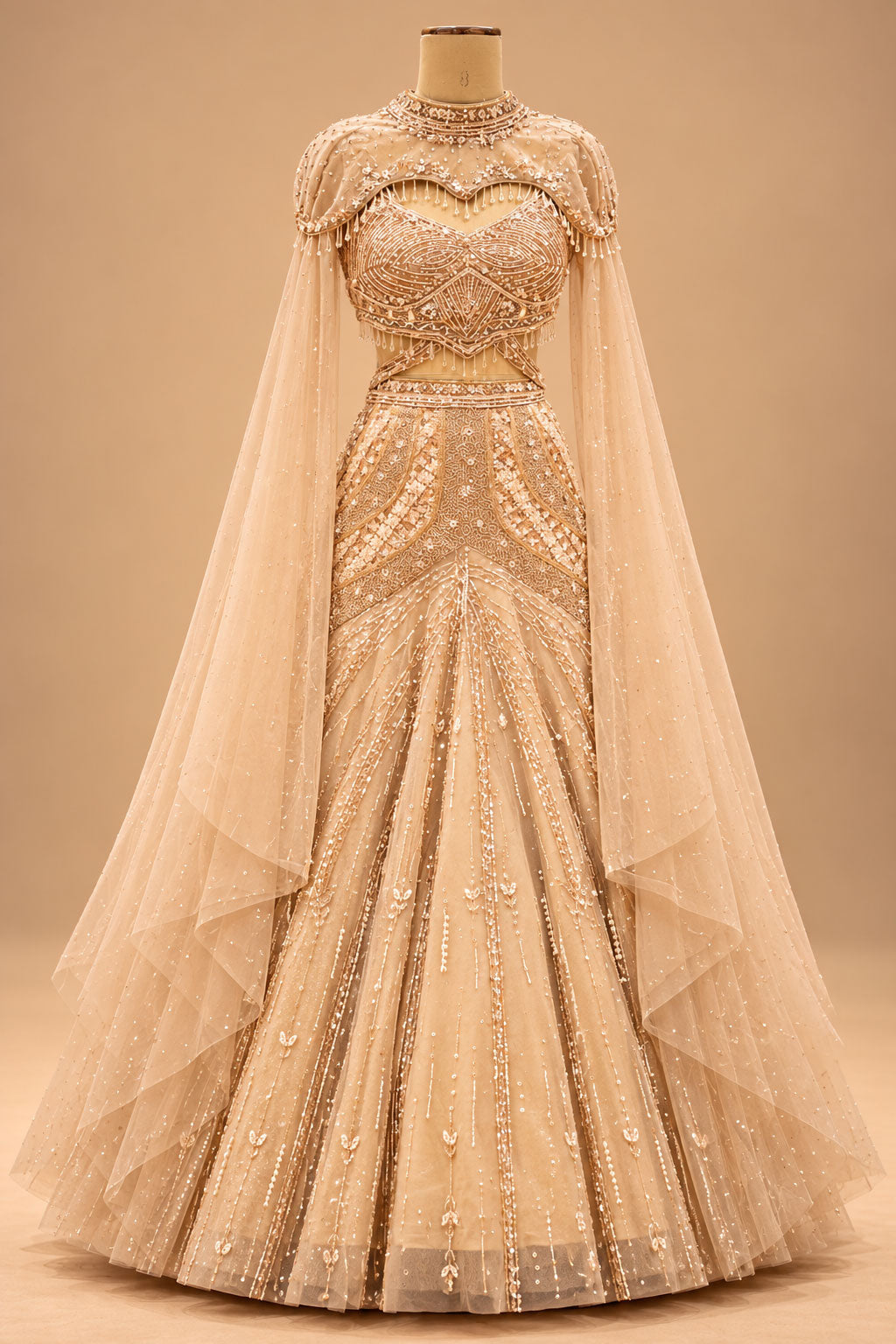 Premium Champagne Gold Embroidered Lehenga with Sheer Cape Sleeves for Women – product image 5