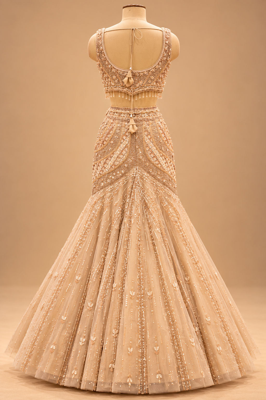 Premium Champagne Gold Embroidered Lehenga with Sheer Cape Sleeves for Women – product image 6